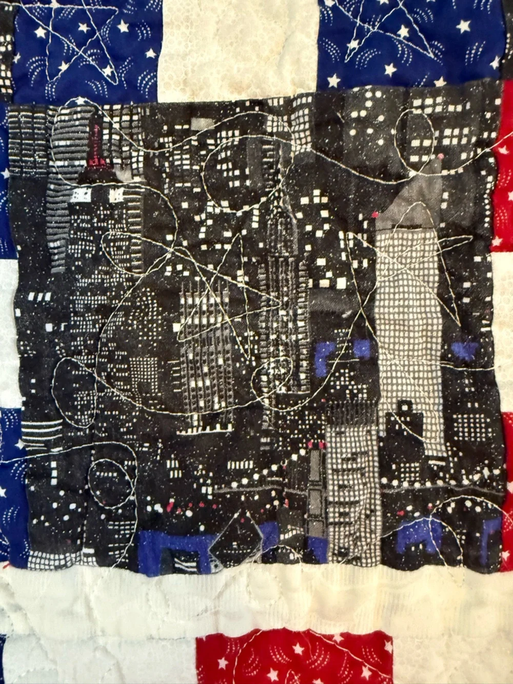 Handmade Patriotic Theme Mini Lap Cotton Quilt with New York City Scape Panels